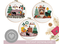 Set of 3 Home interior cross stitch patterns Christmas interior cat Christmas tree decoration - Cross Stitch Pattern (Digital Format - PDF)