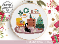 Set of 3 Home interior cross stitch patterns Christmas interior cat Christmas tree decoration - Cross Stitch Pattern (Digital Format - PDF)