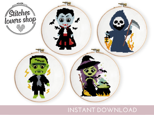 Set of 4 Halloween characters counted cross stitch pattern xstitch chart DIY witch vampire - Cross Stitch Pattern (Digital Format - PDF)