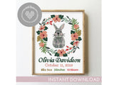 Floral birth announcement with bunny  - Cross Stitch Pattern (Digital Format - PDF)