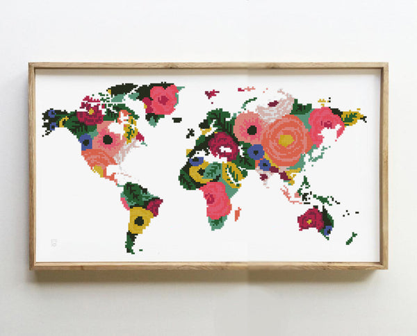 Floral world map - Cross Stitch Pattern (Digital Format - PDF)