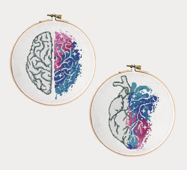 Set of 2 galaxy heart and brain - Cross Stitch Pattern (Digital Format - PDF)