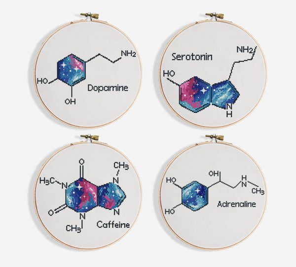 Set of 4 molecules Dopamine Adrenaline Serotonin Caffeine - Cross Stitch Pattern (Digital Format - PDF)