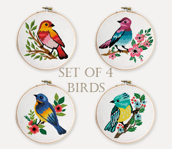 Set of 4 birds on branch with flowers - Cross Stitch Pattern (Digital Format - PDF)