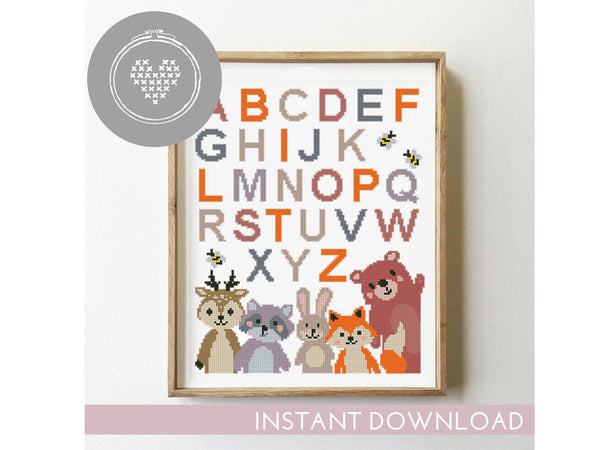 Nursery alphabet woodland animals - Cross Stitch Pattern (Digital Format - PDF)