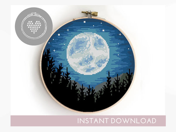 Landscape with moon - Cross Stitch Pattern (Digital Format - PDF)